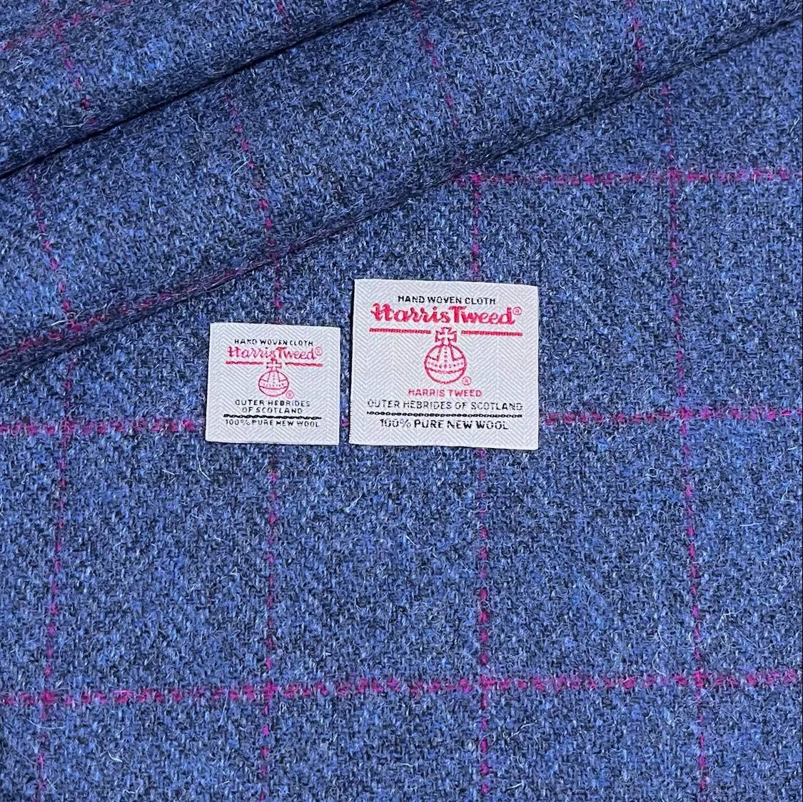 Denim Blue Herringbone with Hot Pink Overcheck Harris Tweed