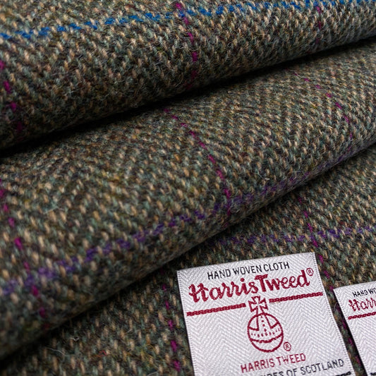 Green / Brown Herringbone with Pink, Purple & Blue Overcheck Harris Tweed