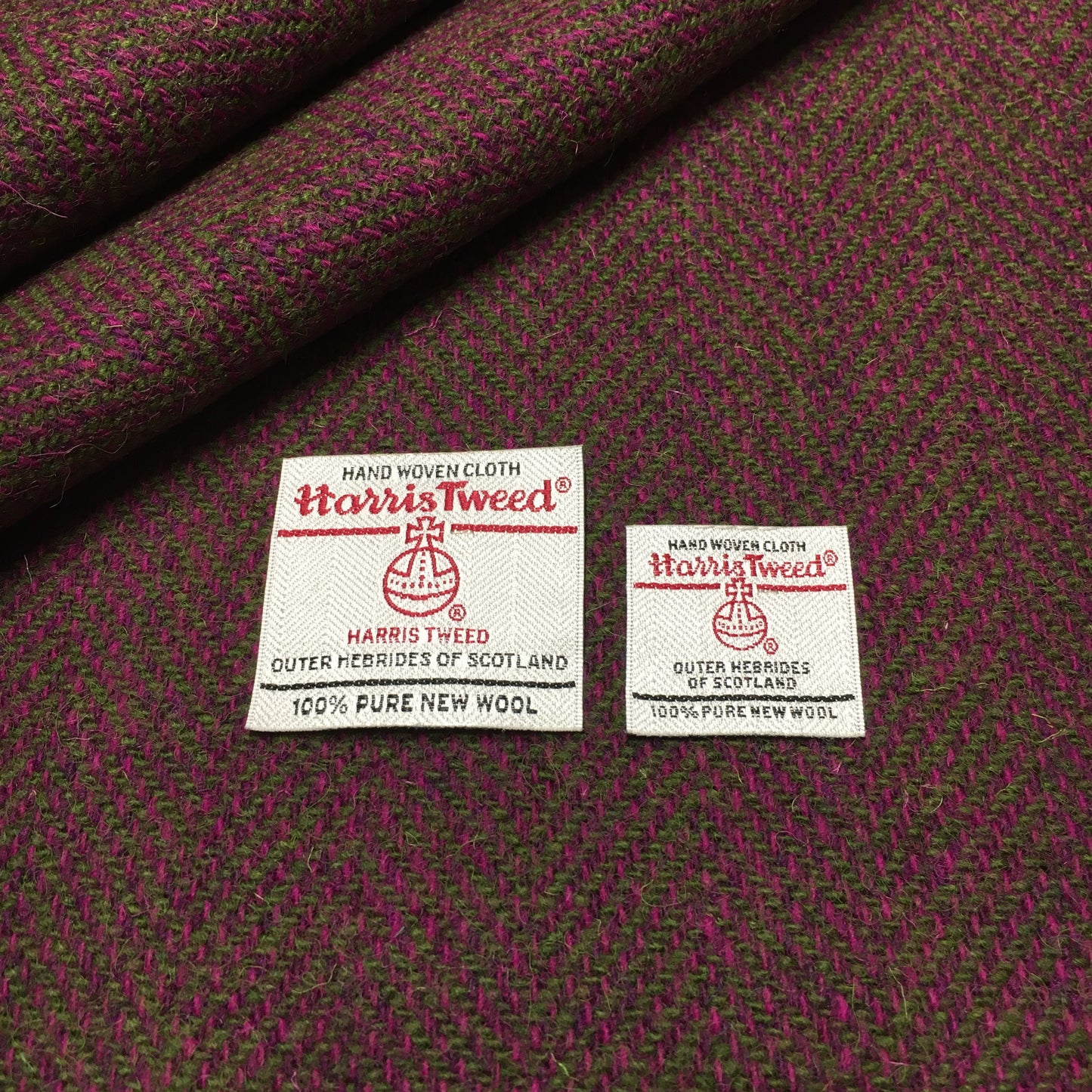 Cerise Pink & Olive Green Wide Herringbone Harris Tweed