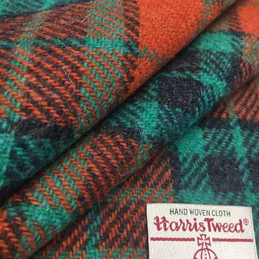 Burnt Orange & Jade Green Tartan Check Harris Tweed