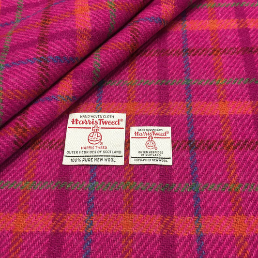 Cerise Pink Check With Orange, Blue & Green Overcheck Harris Tweed - BY THE METRE / HALF / QUARTER