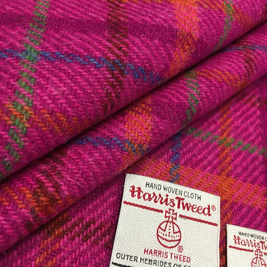 Cerise Pink Check With Orange, Blue & Green Overcheck Harris Tweed - BY THE METRE / HALF / QUARTER