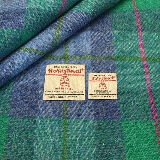 Jade & Cornflower Blue Tartan With Pink & Green Overcheck Harris Tweed - BY THE METRE / HALF / QUARTER