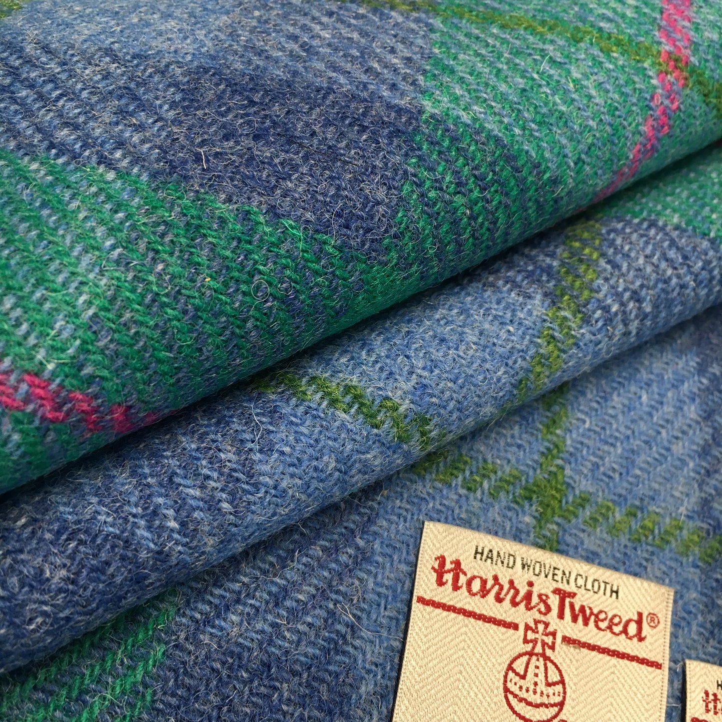 Jade & Cornflower Blue Tartan With Pink & Green Overcheck Harris Tweed - BY THE METRE / HALF / QUARTER