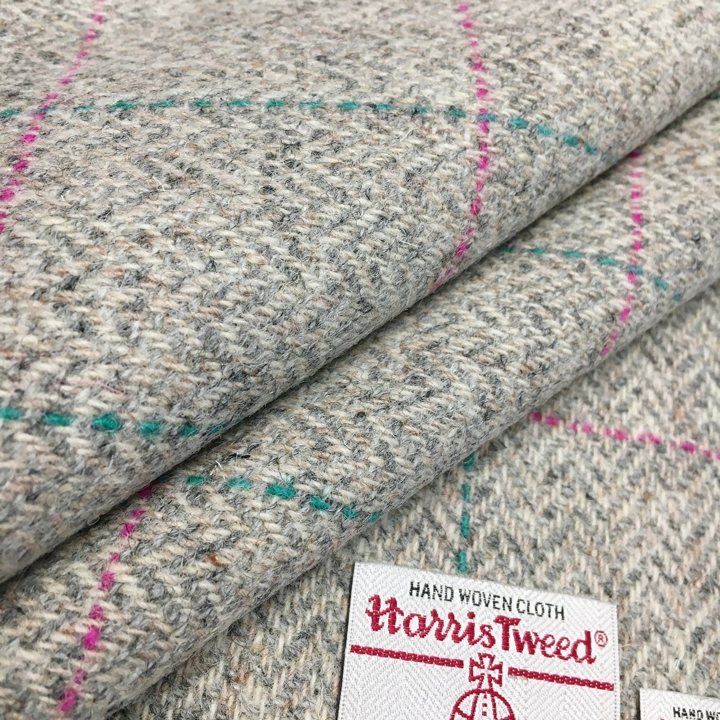 Grey Herringbone With Bright Pink & Jade Green Overcheck Harris Tweed