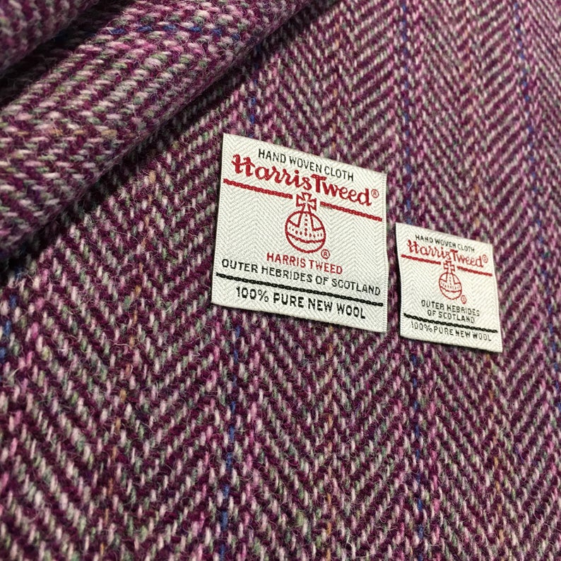 Plum & Mint Green Herringbone with Pink/Blue Stripes Harris Tweed