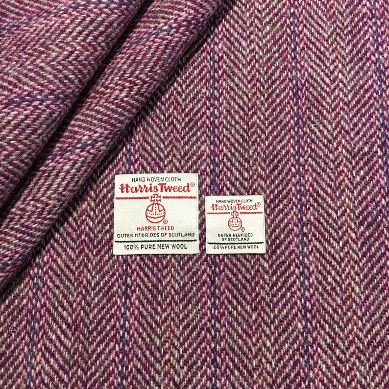 Plum & Mint Green Herringbone with Pink/Blue Stripes Harris Tweed