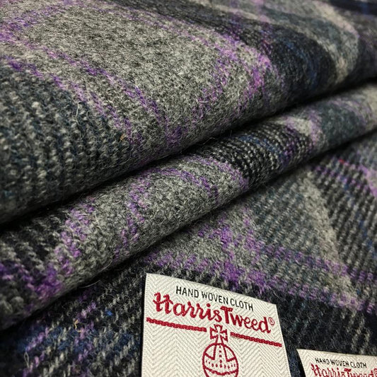 Grey & Navy Blue Tartan Check with Lilac/Purple Overcheck Harris Tweed