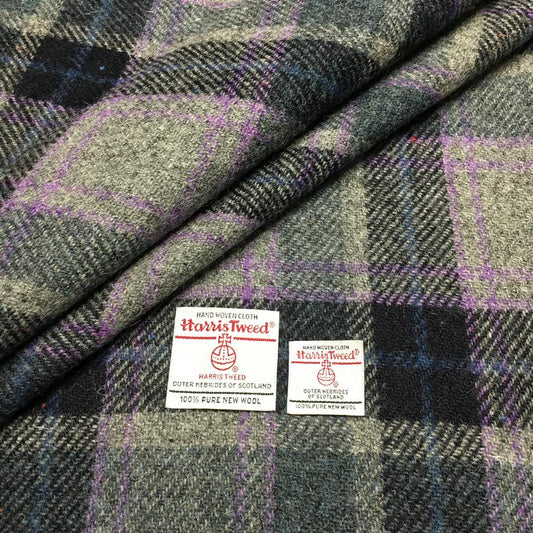 Grey & Navy Blue Tartan Check with Lilac/Purple Overcheck Harris Tweed