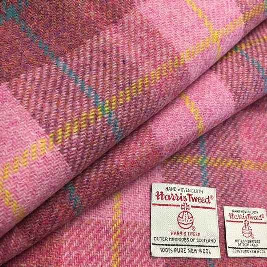 Blush Pink Tartan Check With Yellow & Aqua Overcheck Harris Tweed - BY THE METRE / HALF / QUARTER