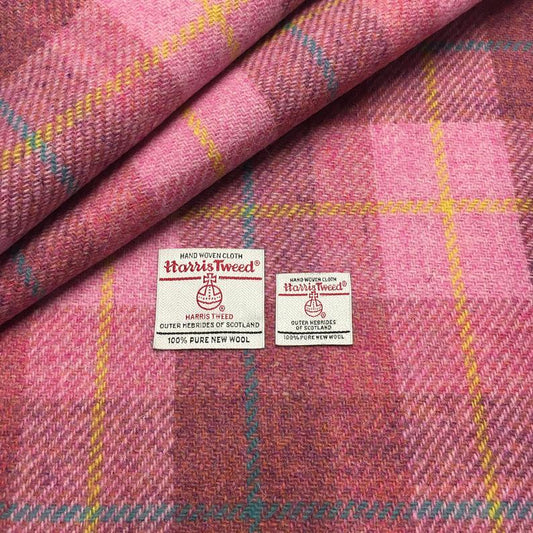 Blush Pink Tartan Check With Yellow & Aqua Overcheck Harris Tweed - BY THE METRE / HALF / QUARTER