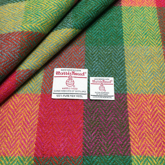 Neon Green & Pink Herringbone Check Harris Tweed