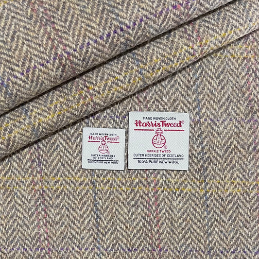 Heather & Oatmeal Herringbone with Purple, Pink, Yellow & Blue Overcheck Harris Tweed