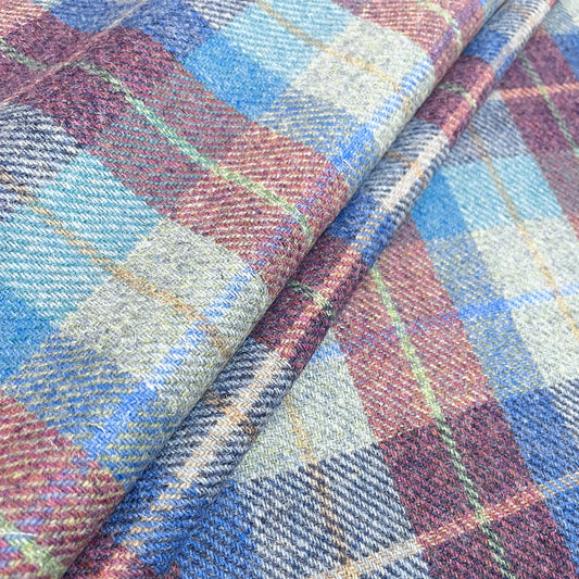 Blue & Pink Tartan with Blue, Peach, & Mint Overcheck Harris Tweed - BY THE METRE / HALF / QUARTER