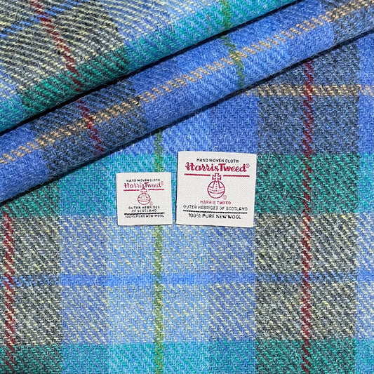 Cornflower Blue & Jade Green Tartan Check with Red, Green, Blue, & Yellow Overcheck Harris Tweed - BY THE METRE / HALF / QUARTER