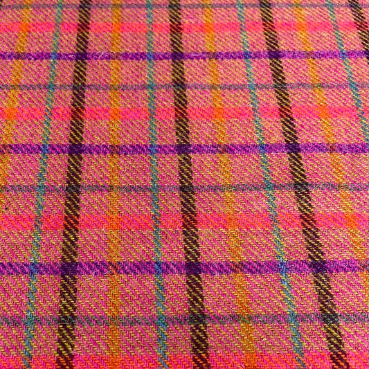 Bright Pink & Acid Green Diagonal With Orange, Blue, Dark Violet, & Plum Overcheck Harris Tweed
