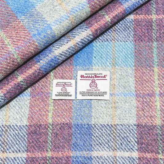 Blue & Pink Tartan with Blue, Peach, & Mint Overcheck Harris Tweed - BY THE METRE / HALF / QUARTER