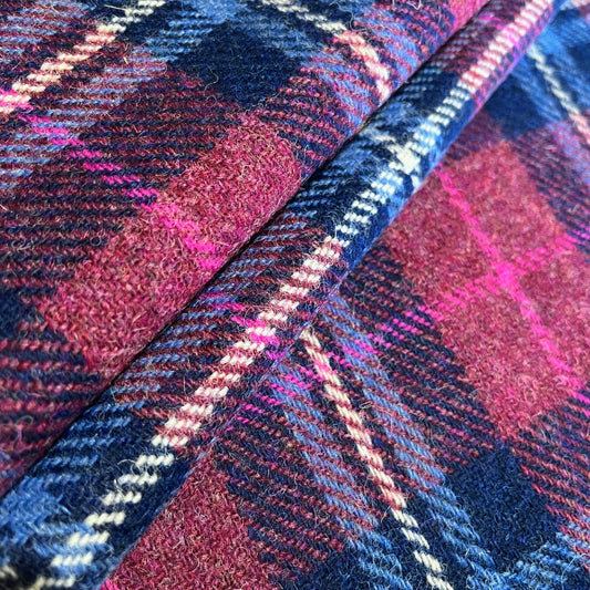 Raspberry & Dark Blue Tartan with Bright Pink & White Overcheck Harris Tweed