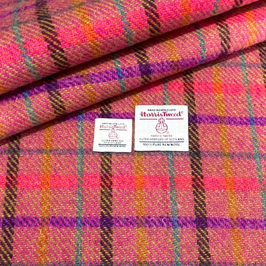Bright Pink & Acid Green Diagonal With Orange, Blue, Dark Violet, & Plum Overcheck Harris Tweed